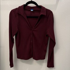 Women's Burgundy Ribbed Button-Up Top